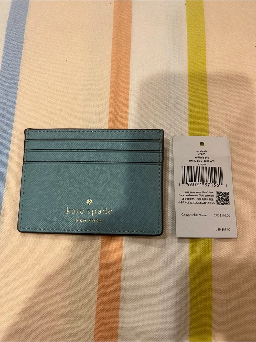 kate spade smoky blue pvc Saffiano Leather Card Case with Gold Logo KE703